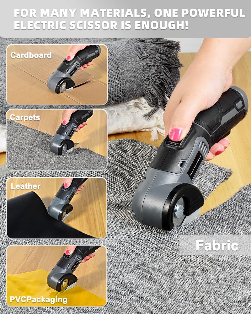 EiGuoerl 4V Cordless Electric Scissors, Lightweight Rotary Cutter with 2 Blades & USB Charging, for Cardboard Fabric Leather Carpet Plastic Rope Cutting, Safety Lock for Home DIY Craft Use - Image 2